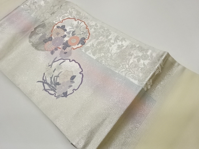 JAPANESE NAGOYA OBI / PLATINUM FOIL / WOVEN FLOWERS
